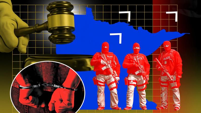 Collage of ICE agents a gavel and hands in handcuffs