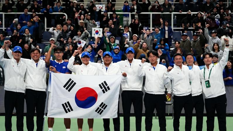 Hyeon Chung (de azul) marcou o ponto decisivo da série (Foto: Dowon Kim/Davis Cup)