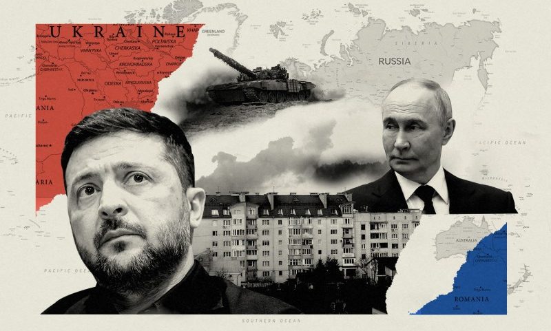 A photo collage illustration showing maps of Russia and Ukraine in the background with Zelensky and Putin headshots.