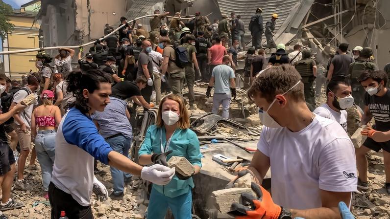 Volunteers help emergency workers clear the rubble of a destroyed building at Ohmatdyt Children's Hospital following a Russian missile attack in Kyiv on July 8, 2024.