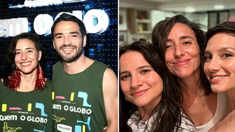 Fabiana Comparato com o namorado, o ator Caio Blat, no Camarote Quem O Globo no Carnaval 2026; e em foto posada entre as irmãs, as atrizes Bianca e Lorena Comparato