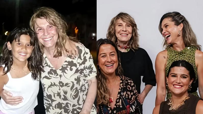 Giulia Costa em foto da infância com Renata Sorrah; Renata Sorrah com a filha, Mariana Simões, e Flávia Alessandra com a primogênita, Giulia Costa