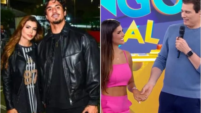 Isabella Arantes com o namorado, o surfista Gabriel Medina; e com Celso Portiolli na despedida do 'Domingo Legal', ela era assistente de palco da atração — Foto: Edu Araujo/AgNews e Reprodução/Instagram
