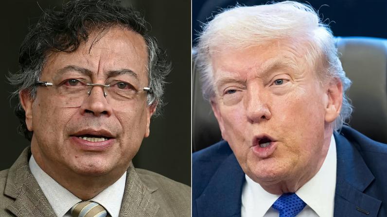 Esta combinação de imagens criada em 3 de fevereiro de 2026 mostra (da esq. para a dir.) o presidente da Colômbia, Gustavo Petro, em Bogotá, em 13 de novembro de 2025, e o presidente dos Estados Unidos, Donald Trump, no Salão Oval da Casa Branca, em Washington, DC, em 2 de fevereiro de 2026. O presidente colombiano Gustavo Petro chegou à Casa Branca em 3 de fevereiro de 2026 para sua primeira reunião com o presidente Donald Trump, após meses de tensões e de ameaças crescentes dos EUA relacionadas à Venezuela e ao narcotráfico. (Photo by Raul ARBOLEDA and SAUL LOEB / AFP)