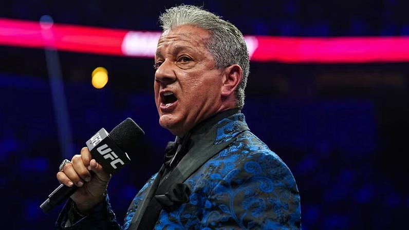 Bruce Buffer announces a fight during the UFC 326 event at T-Mobile Arena