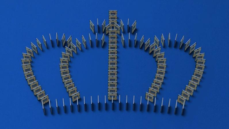 A photo illustration of a crown made of semiconductor chips on a blue background.