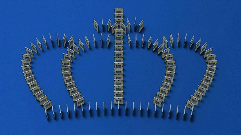 A photo illustration of a crown made of semiconductor chips on a blue background.