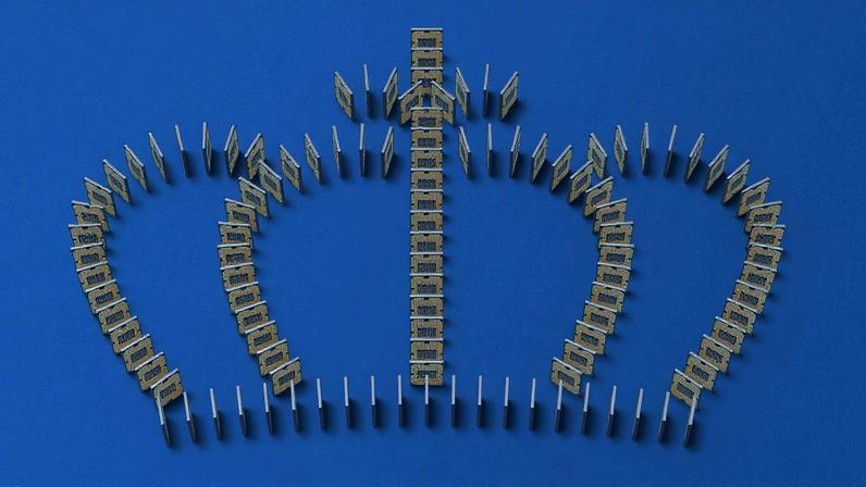 A photo illustration of a crown made of semiconductor chips on a blue background.