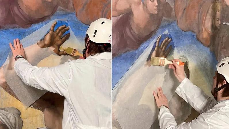 Fotografia do Paolo Violini, restaurador-chefe do Laboratório de Restauração de Pinturas e Materiais de Madeira dos Museus Vaticanos.