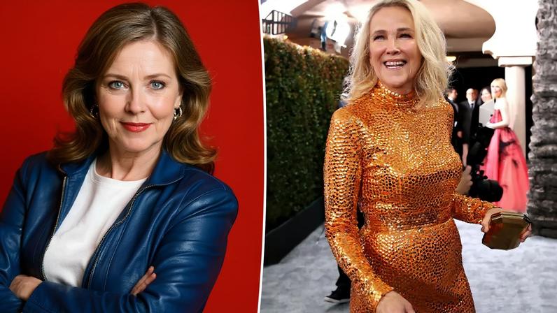 Catherine O’Hara smiling in an orange sequined dress and holding a gold clutch on the red carpet.