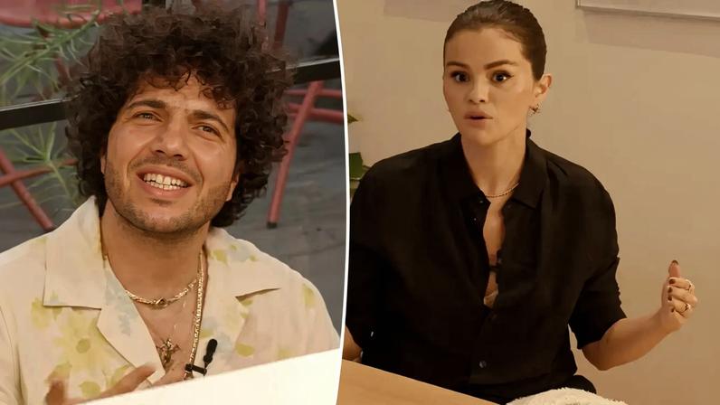 Selena Gomez smiling at the camera as Benny Blanco kisses her shoulder at the 83rd Annual Golden Globes.