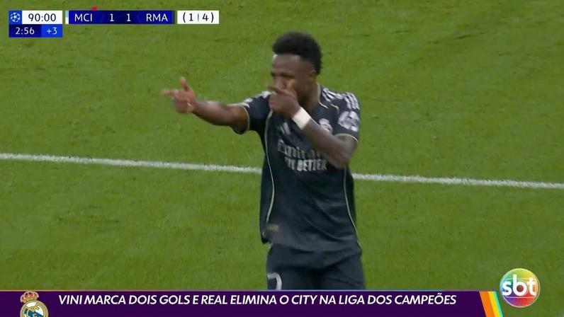 Vini marca dois gols e Real elimina o City na Liga dos Campeões
