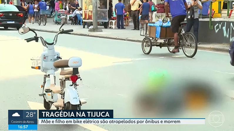 Mãe e criança morrem em acidente de bicicleta elétrica e ônibus na Tijuca