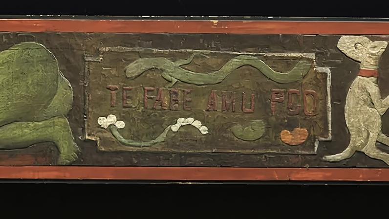 The crouching woman at the left in Gauguin’s carving originally had red-painted genitals, but this was overpainted in green by a nervous owner