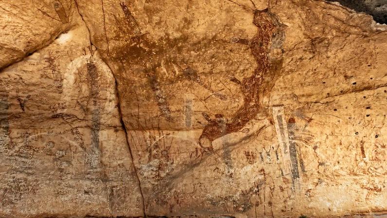 A rock art mural known as the "white shaman" along the Lower Pecos River in Texas