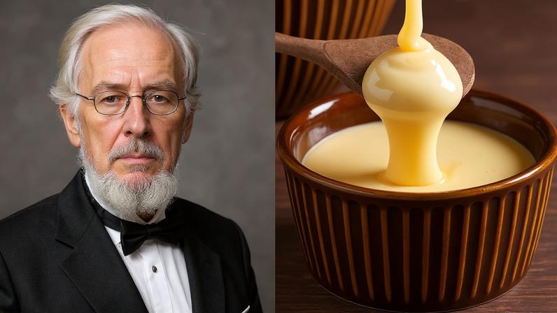 Imagem do Gail Borden ao lado uma foto de leite condensado.