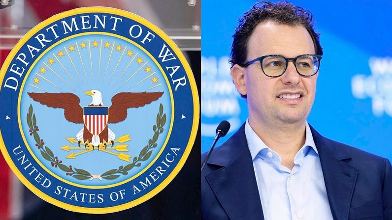 Dario Amodei, CEO and co-founder of Anthropic (Right) The seal is seen on a podium at the Pentagon (Left)