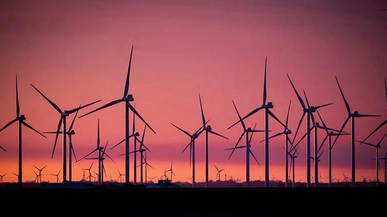 Wind turbines stand in a wind farm in the Soenke-Nissen-Koog at the North Sea in Bordelum in the sunrise Tuesday, March 9, 2021.