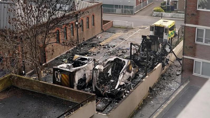 Burnt Ambulances in a car park at Golders Green in London, Monday, March 23, 2026 after an apparent arson attack on four vehicles belonging to a Jewish ambulance service.