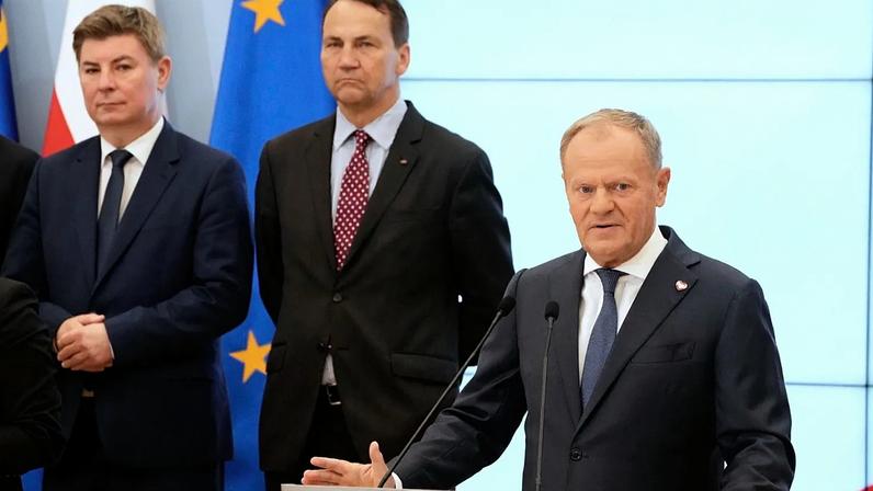 Tusk during a press conference to announce reshuffles in his government, 23 July 2025, in Warsaw
