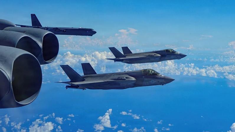 FILE: A US Air Force B-52H Stratofortress bomber flies with Marine Corps F-35B Lightning II aircraft in the U.S. Southern Command area of responsibility, 15 October 2025