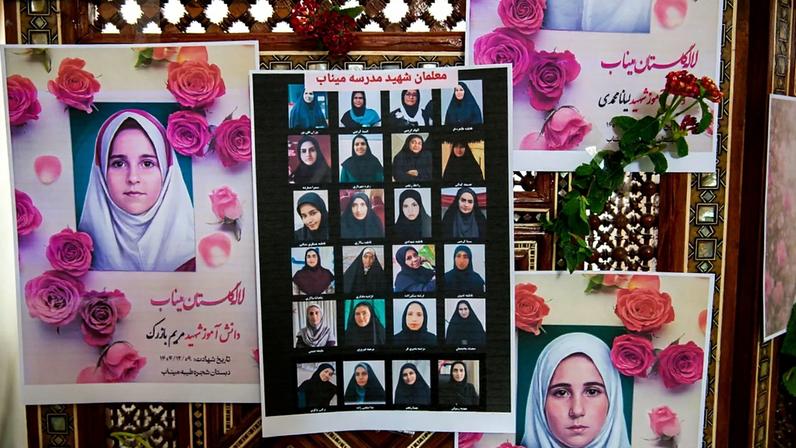 Portraits of school children from the Shajarah Tayyebeh primary school who were killed in an airstrike are shown in Tunis, Tunisia, Thursday 12 March 2026.