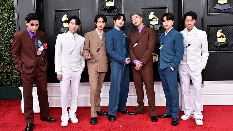 BTS arrives at the 64th Annual Grammy Awards at the MGM Grand Garden Arena in 2022.