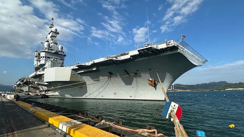 French aircraft carrier The Charles de Gaulle docks at Subic Bay port, a former U.S. Naval base northwest of Manila, Philippines, Sunday, Feb. 23, 2025.