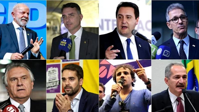 Lula, Flávio Bolsonaro, Ratinho Jr., Romeu Zema, Ronaldo Caiado, Eduardo Leite, Renan Santos e Aldo Rebelo. Fotos: Ricardo Stuckert / PR; Pedro Franca/Agência Senado; Alan Santos/PR; Andressa Anholete/Agência Senado; Jane de Araújo/Agência Senado; Caco Argemi/Wikimedia Commons; Joãoo Maestro/Wikimedia Commons; e Wilson Dias/ABr