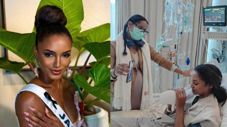 À esquerda, mulher com faixa escrita 'Jamaica' posa com cabelo preso em coque alto, ao fundo plantas verdes. À direita, mulher sentada em cama hospitalar recebe atendimento de profissional com máscara e jaleco, com equipamentos médicos ao redor.