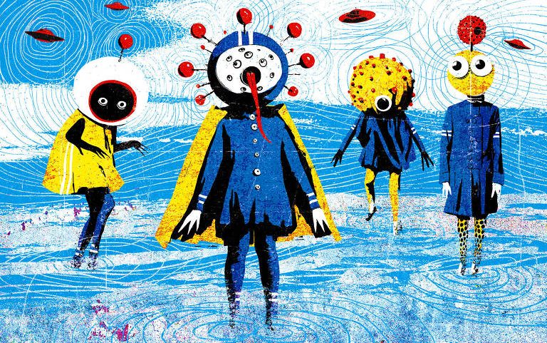 A ilustração de Adams Carvalho, publicada na Folha de São Paulo no dia 29 de março de 2026, mostra o desenho de quatro alienígenas caminhando em uma paisagem. Eles possuem corpos com aparência humana, mas grandes cabeças redondas com diversos olhos e antenas coloridas.