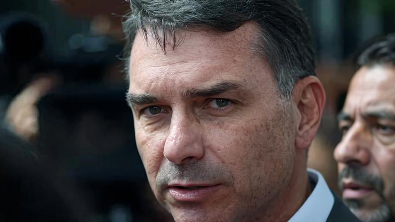 Senador Flavio Bolsonaro após visitar o pai preso na Superintendência da PF em Brasília, em 9 de dezembro de 2025 — Foto: Reuters/Adriano Machado