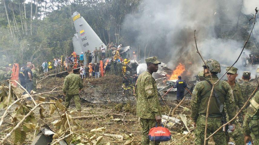 Members of the military gather at the site of a Colombian military plane crash in Puerto Leguizamo, Putumayo, Colombia March 23, 2026. La Voz de Amazonia/Mare Rafue/Handout via REUTERS THIS IMAGE HAS BEEN SUPPLIED BY A THIRD PARTY. MANDATORY CREDIT VERIFICATION: Topography mapping and nearby buildings matched satellite imagery Date verified by original file metadata Defense Minister Pedro Sanchez said the accident happened as the Lockheed Martin-built LMT.N Hercules C-130 was taking off from Puerto Leguizamo on the border with Peru TPX IMAGES OF THE DAY