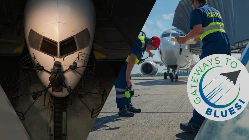 A photo collage showing aircraft and people for the Gateways to Blue Skies Competition with the 2026 topic RepAir: Advancing Aircraft Maintenance.