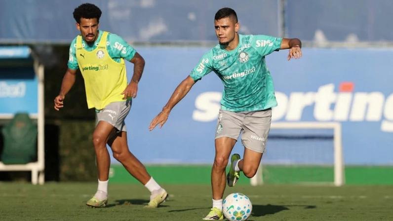 Evangelista e Andreas Pereira em treino do Palmeiras — Foto: Cesar Greco / Palmeiras