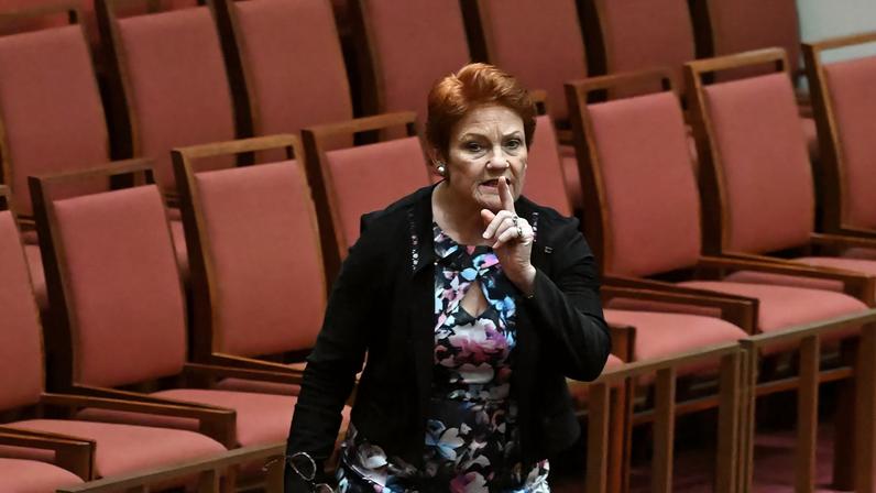 One Nation leader Pauline Hanson walks out during debate on a censure motion in the Senate chamber at Parliament House in Canberra, Australia, March 2, 2026. AAP/Lukas Coch/via REUTERS