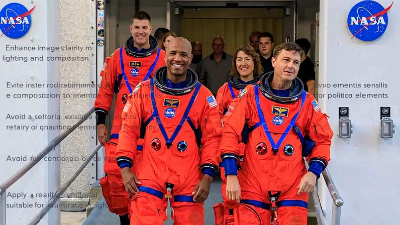 Fotografia dos astronautas da NASA da missão Artemis II (na frente, da esquerda para a direita) Victor Glover, Reid Wiseman, (atrás, da esquerda para a direita) o astronauta da CSA (Agência Espacial Canadense) Jeremy Hansen e a astronauta da NASA Christina Koch saem dos alojamentos da tripulação de astronautas dentro do Edifício de Operações e Verificação Neil Armstrong.