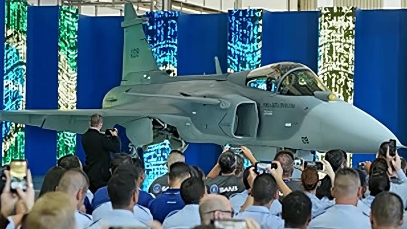 Unveiling of the first F-39E Gripen supersonic fighter jet assembled in Brazil, on Wednesday 25 March 2026.
