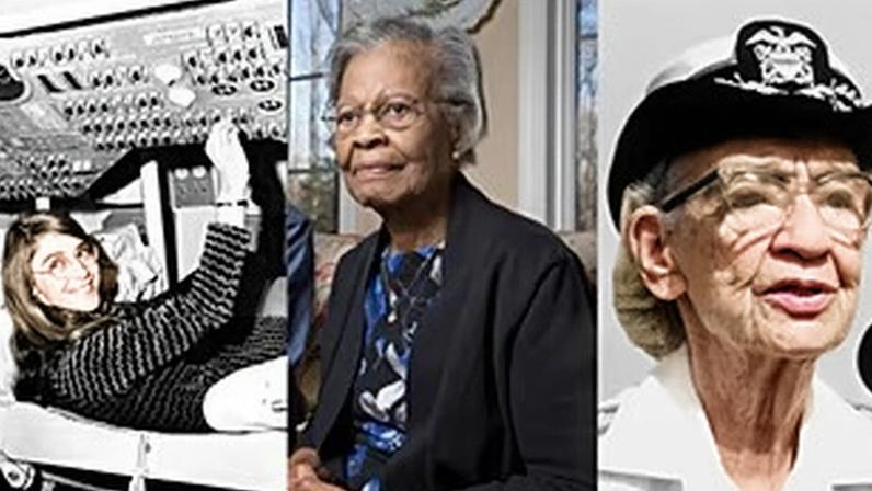 Women in computer science and programming: Margaret Hamilton, Gladys West, and Grace Hopper.