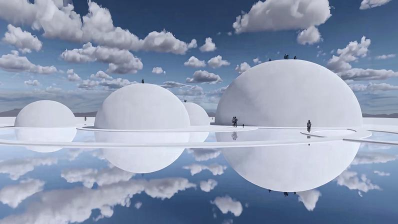 Rendering of The Sanctuary of Water, conceived by the artist Tomás Saraceno with the 11 Indigenous communities of the Red Atacama network, Salinas Grandes, northern Argentina. With the generous support of Haus der Kunst, Munich, The Aerocene Foundation, Studio Tomás Saraceno and many others. Courtesy the artist, Red Atacama and The Aerocene Foundation, as well as the art galleries neugerriemschneider, Berlin, Tanya Bonakdar, Los Angeles, Pinksummer, Genova, Andersen’s, Copenhagen and Ruth Benzacar, Buenos Aires. © Studio Tomás Saraceno