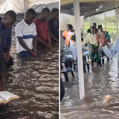 Cristãos louvam a Deus em igreja inundada por chuvas em Moçambique