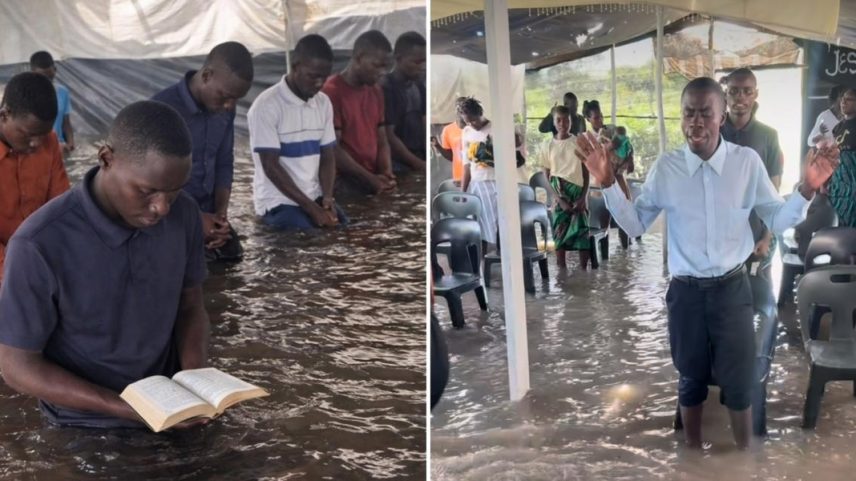 Os cristãos adorando na igreja inundada pelas chuvas. (Foto: Reprodução/Instagram/Gabriel José)