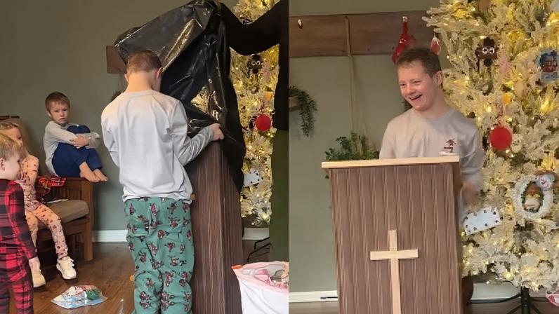 Avô constrói púlpito e surpreende neto com Síndrome de Down