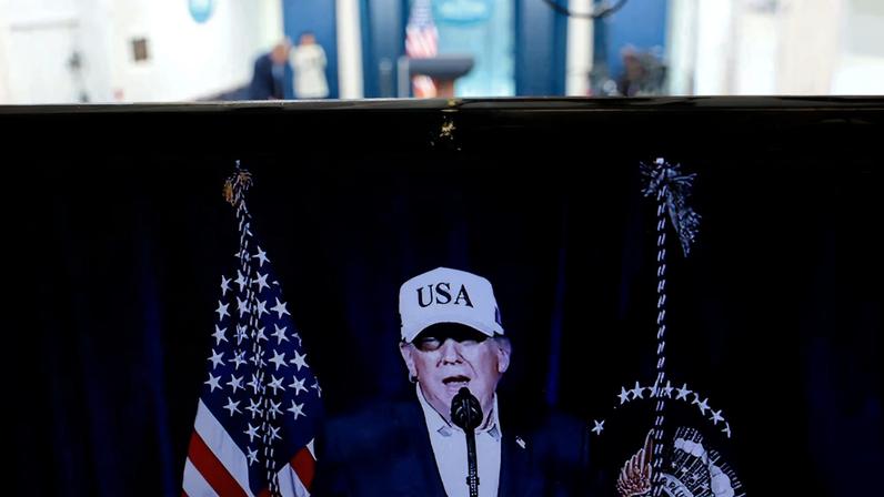 A view of the monitor at press briefing room at the White House, on the day the United States and Israel led attacks on Iran, in Washington