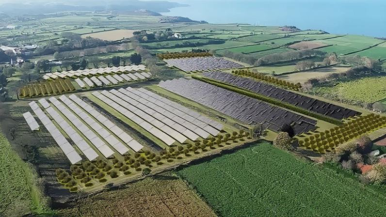 Save This View A drone shot of a solar panel farm near a coast