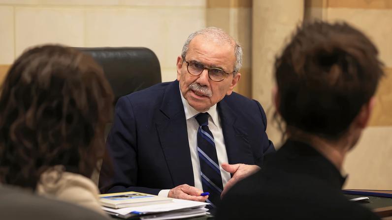 Lebanese Prime Minister Nawaf Salam speaks to journalists at the government headquarters, in Beirut