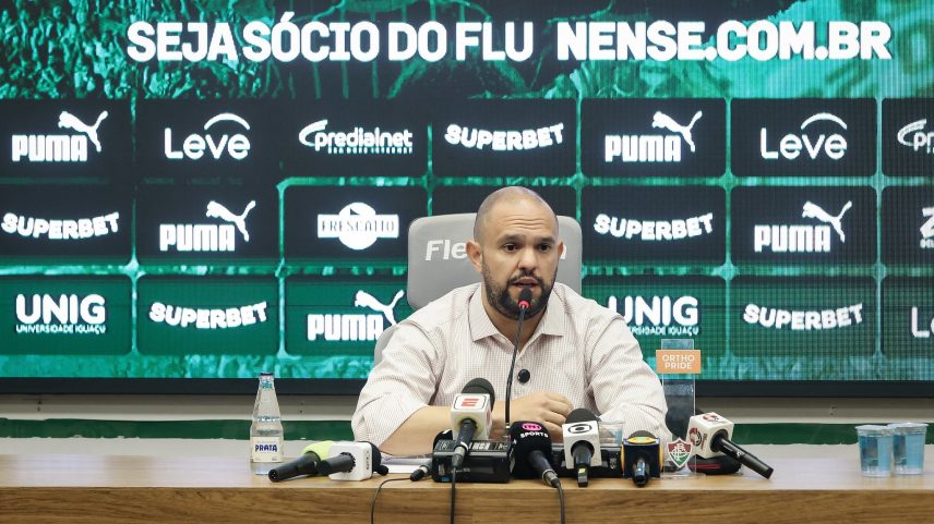 Presidente Mattheus Montenegro concede entrevista coletiva no CT Carlos Castilho Fluminense — Foto: Marcelo Gonçalves / Fluminense FC