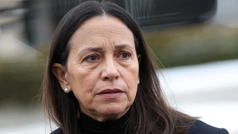 Venezuelan opposition leader Maria Corina Machado looks on while speaking with the media following meetings at the U.S. Department of State in Washington, D.C., U.S., January 28, 2026.