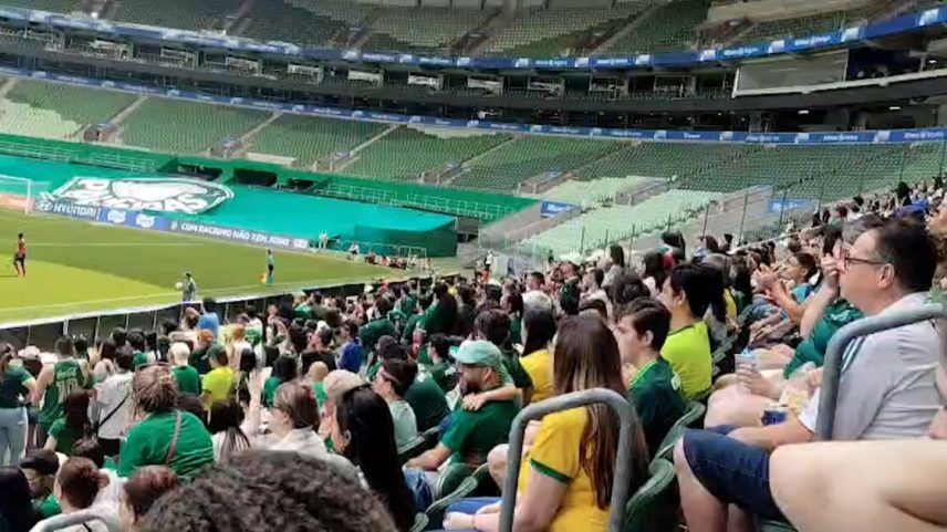 Estádio de futebol com arquibancadas cheias de torcedores vestidos de verde, apoiando o time da casa. No campo, alguns jogadores e árbitros são visíveis. Atrás de um dos gols, grande bandeira com o nome “PALMEIRAS”.