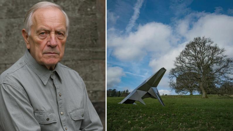 Left: Lynn Chadwick. Right: the artist’s *Beast Alerted I* (1990) Portrait: Courtesy of the artist’s estate. Photo: Sophie Chadwick. Courtesy of the artist’s estate/Pangolin London. Photo: Steve Russell Studios